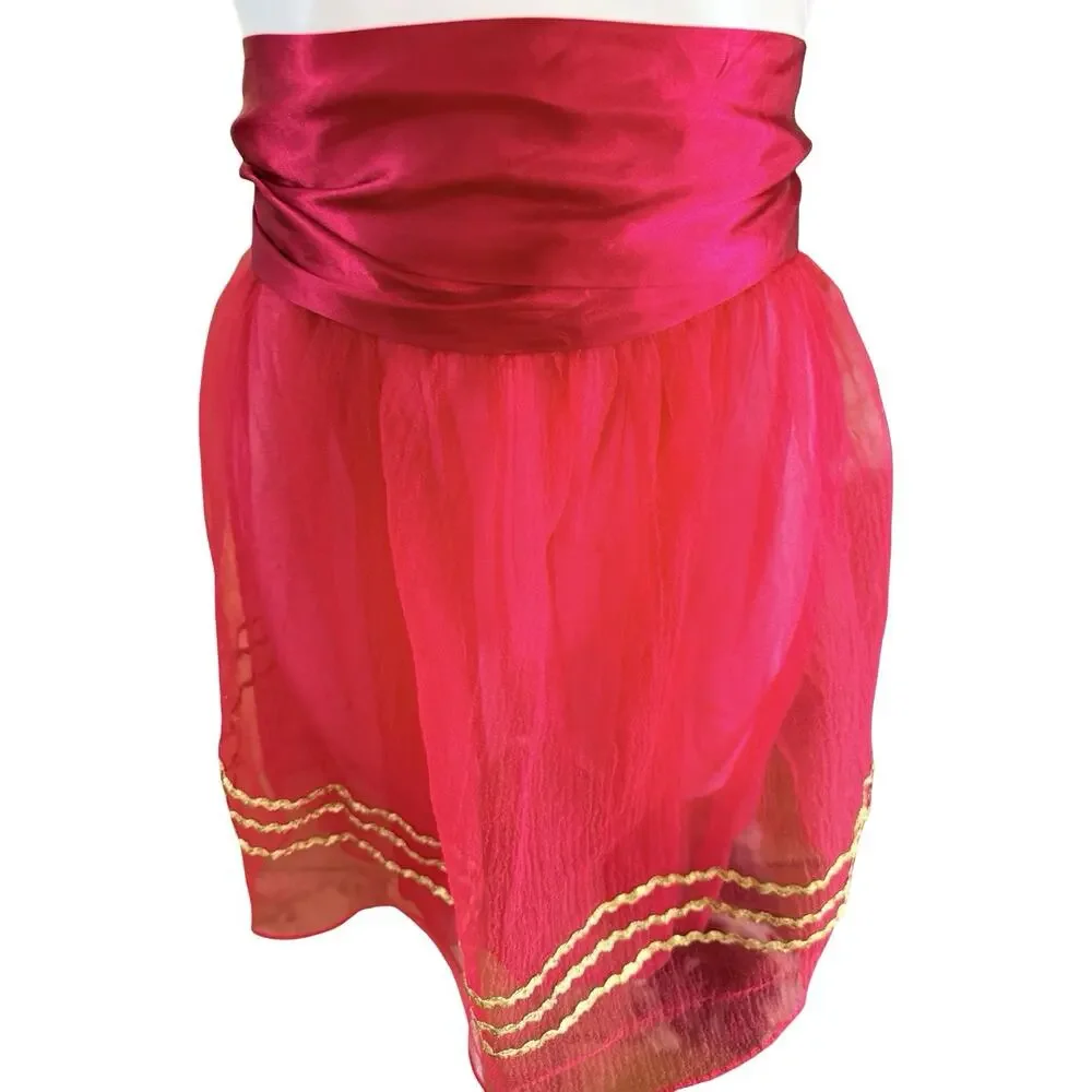 Vintage Red Sheer Chiffon Apron Gold Rickrack Trim Satin Bow